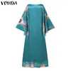 Vintage Patchwork Dress VONDA Women Flare Sleeve Vintage Printed Maxi Dress Loose Elegant Sundress Lady Vestidos Femme Robe 220615