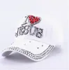 Ball Caps Women Denim Cloth Artificial Stones Bling Red I Love Heart Jesus Cotton Baseball CapsBall