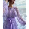 Feestjurken lilac prom jurk juweel halslijn illusie lange puffy mouwen luxe jurk een lijn sjerp boog geplooide parels sweetie dressparty