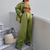 Women's Two Piece Pants Sexy Green Blouse Crop Top 3 Set Women Fashion Wide Trouser Suits Female Casual Loose High Waist Stain OutfitsWomen'