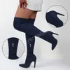 Stretch sur le genou Stiletto cuir chaussette femmes cuisse haute entrejambe bottes bout pointu Sexy dames talon haut à la mode chaussure femme