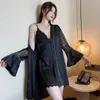 Women's Sleepwear Lace Patchwork Robe Suit Women Satin Strap Nightgown Two Pieces Set Hollow Out Kimono Bath Gown Sexy Home Clothes