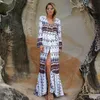 Bohemian Printing Sukienka na plażę długie rękaw Hippie Chic Maxi Holiday 3xl Bandage ES Plus Size Vacation Vestidos 220613