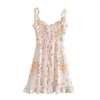 Summer Ivory Color Floral Print Women Dress Ruffles hem Tie Bow Strap Sleeveless Mini Dress Sexy Beach Holiday Vintage 220511