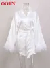 OOTN Plumes Épissé Robe En Satin Ceinture Robe Sexy Soirée Robes Soyeuses Femmes À Manches Longues D'été Doux Confortable Maison Robe Noire T220804