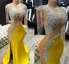 2022 vestidos de baile amarelo sereia de uma ombro de uma ombro comprido apliques com fenda de miçangas