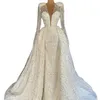 Charming Sequins Mermaid Wedding Dresses Saudi Arabic Deep V Neck Long Sleeve Bridal Gowns Robe De 0505