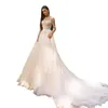 Long Train Boho Beach Wedding Dress Sexy Illusion Bodice Ivory Tulle Fairy A Line Bridal Gowns Button Back Lace Appliqué O-Neck Bride Dresses Vestido De Novia