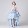 Robes de fille de luxe broderie fleur fille robe pour mariage salut-bas longue queue bleu junior filles formelle princesse pageant robesgirl's