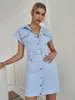 BerryGo Elegant summer shirt dress short sleeve office dress women Single breasted belt mini dress Blue pocket work vestido 220513