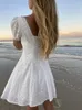 White Lace Embrioder Summer Beach Dress Women Elegant Hollow Out Lace Up Short Dress Off Shoulder Puff Sheer Sheer Dress 220511