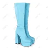 Rontic Handgjorda Kvinnor Våren Mid Calf Stövlar Slip på Chunky Heels Square Toe Gorgeous Blue Orange Green Party Shoes US Size 4-13