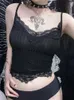 Goth Dark Mall Gothic Basic Bodycon Mujeres Camis Grunge Punk Negro Casual Encaje Trim Crop Tops Acanalado Sin espalda Alt Ropa Verano 220628