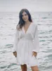 DICLOUD Sexy Plunge V Neck Women's Summer Dress White Lace Long Sleeve Mini Wedding Party Dress Ruffle Elegant Clothes 220514