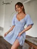 Zielony elegancki puff krótki rękaw koronkowy sukienka letnia biuro biuro vneck ruffle mujer vestido wakacje mini sundress 220511