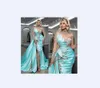 Glamorous Lake Blue Evening Dresses High Illusion Long Sleeves Prom Dresses Rhinestones Side Split Long Celebrity Women Formal Par241G
