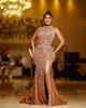 2022 Plus Size Arabisch Aso Ebi Gold Luxuriöse Meerjungfrau Ballkleider Perlen Kristalle Abend Formale Party Zweiter Empfang Geburtstag Verlobungskleider Kleid ZJ188