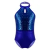 Stage Wear Enfants Filles Gymnastique Justaucorps Ballet Professionnel Dancewear Sans Manches Dos Nu Étincelant Paillettes Danse Body JumpsuitStage