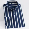 Mens Non-iron Stretch Long Sleeve Striped Dress Shirts Smart Casual Smooth Material Standard-fit Youthful Button-down Shirt