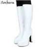 Sorbern White Block Heel Women Boots Knee High Platform Shoe Ladies Plus Size 14 Vintage Gothic Boots Unisex Custom Shaft Size