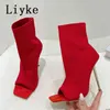 Liyke 2022 New Sexy Cut-Out Thin High Heels Red Green Knitted Stretch Fabric Ankle Socks Boots Women Party Dance Shoes Booties Y220729