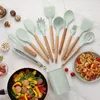 Ustensiles de sublimation Couleur Silicone Ustensiles de cuisine Manche en bois Ustensiles de cuisine Cuisson Spatule Cuillère 11 Pièces Ensembles Silicones Ustensiles de cuisine Se