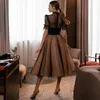 Black Dotted Tulle Midi Prom Dresses Sheer Short Sleeve Cocktail Party Gowns High Neck Tea Length Formal Evening Dress