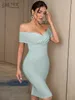 Adyce 2022 Summer Women Off Shoulder Club Bandage Dress Sexig Short Sleeve Green Sticke Celebrity Runway Party BodyCon 220507