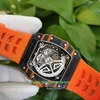 Orologi di alta qualità di vendita calda 44mm x 50mm RM11-03 McLaren Skeleton in fibra di carbonio arancione gomma trasparente meccanico automatico orologio da polso da uomo da uomo