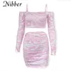 Nibber Solid 2two Piece Set Women Autumn Dew Shoulder Long Sleeve Tops Tight skinkor Kjol Matchande outfit kvinnliga kläder 220602
