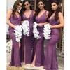 新しいアフリカンの紫色の安いスパンコールな花嫁介添人ドレス2022 vネックセクシーなハイサイドスプリットロングウェディングパーティードレスオブ名誉ドレス