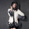 女性の毛皮のフェイク2022秋と冬のオープンステッチ女性がトリムフードスリムマントコートストリートウェアファッション