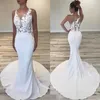 2022 Modest White Mermaid Wedding Dresses UK Sheer Neck Sleeveless Slim Tight Floral Applique Illusion Back Boho Bridal Dress Mittade mottagningar