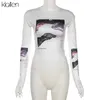 KLALIEN femmes décontracté blanc imprimé mince maigre Stretch manches amovibles col rond femme t-shirt printemps été femmes haut 220408