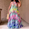 Plus Size Dresses Summer Dress Holiday Hawaii Halter Long Maxi Floral Printed Boho 2022 Pleated African Casual Loose Robe VestiodPlus