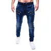 Jeans Hommes Casual Hommes Fermeture Éclair Cordon Poches Running Pantalon Maigre Jeans Jogger Pantalon Bleu Jeans Homme Jens Hommes Fashions Bleu X02509