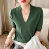 100% cotton thread low V-neck sweater loose plus size five-point short-sleeved summer top T-shirt 220407