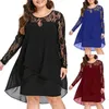 Femmes Automne Solide Robe Plus Taille Robe Sheer Dentelle Patchwork À Manches Longues Haut Bas Hem Oneck Robe Casual Robes De Fête S5XL 210401