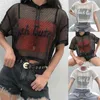 여성용 티셔츠 Womens 할로우 메쉬 그물 후드 짧은 소매 티 탑 투명한 검은 fishnet 섹시한 클럽웨어 파티 자르기 탑