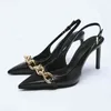 2022 High Quality Women's Shoes Black Chain Trim Slingback Leather Temperament High Heels Pointed Toe Stiletto Women's Shoes G220520