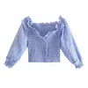 Summer Women Textured Crop Shirt V-Neck Puff Sleeves Ruffled halsringning Chic Lady Vintage Casual Woman Elastic Crop Tops 210709