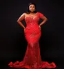 2022 Arabski Plus Size Ara Aso Ebi Red Syrenca Blowly Prom Sukienki Sheer Szyja Sexy Evening Party Drugi odbiór Przyjmowanie Suknia zaręczynowa Sukienka ZJ5Y5
