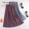 Summer Women Fashion elegant Retro pleated skirts female High waist skirt with Belt Chiffon Pleated midi long skirts womens 210306