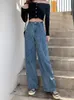 Feynzz Frauen Hose Frau Hohe Taille Breite Bein Denim Kleidung Blue Jeans Vintage Qualität Mode Gerade Hosen 220722