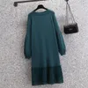 Plus Size Vestidos Ehqaxin Womens Knit Dress 2022 Outono Inverno Moda V-Pescoço Chiffon Plissado Ruffled Lace Costura Sweater L-4XL