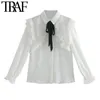TRAF femmes mode avec nœud à volants boutonné Blouses Vintage à manches longues évents latéraux femmes chemises Chic hauts 210401