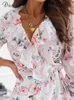 Dicloud Summer Women Dress Elegant Sexy Boho Floral Print Chiffon Autumn Long Sleeve White Ruffle Party Day Ladies Vestido 220518