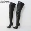 Sorbern 12cm Silver Metal Heel Boots Women Performance Show Shoe Patent Burgundy Mid Thigh High Boots Stretched Pointed Toe