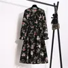 Korean Chiffon Spring Summer Dres Vintage Floral Printed V-neck Elastic Waist Fashion Beach Midi Sundress Vestidos 220504