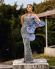 2022 Plus Size Arabisch ASO EBI Silver Sparkly Mermaid Prom Jurken 3D Handgemaakte Bloemen Avond Formele Partij Tweede Ontvangst Verjaardag Engagement Jurken Jurk ZJ406